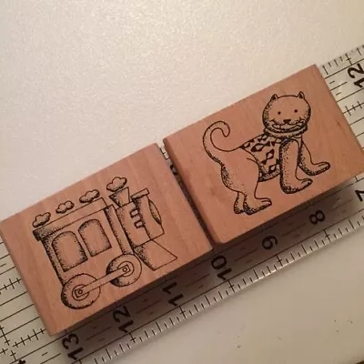 New ~  Lot Of 2  Train And Cat Wood Rubber Stamp • $1.30