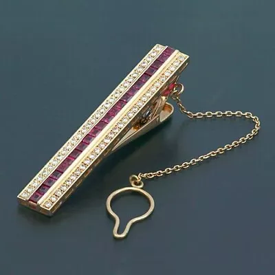 Lab Created Red Ruby Chain Tie Clip For Men's Yellow Gold Plated 925 SS Jewelry • $228.85