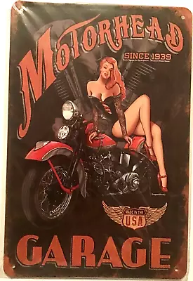 TIN SIGN 8x12 Motorcycle Detroit Motor Head Garage Sexy Redhead Mechanic (Br1c) • $9.99