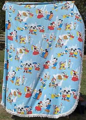 Mickey Mouse Disney Bed Spread Wall Hanging Vintage Blue Fringe 100x79” VGVC • $89