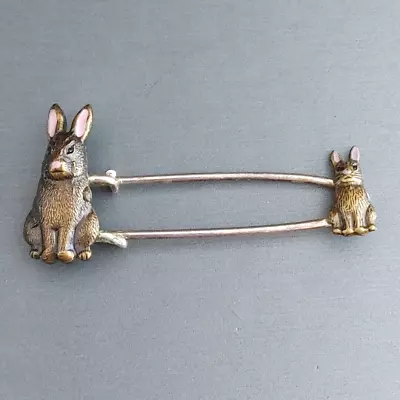 Vintage Rabbits Brooch Pink Enamel Antique Brass Tone Bar Safety Pin 2.25” • $9.95