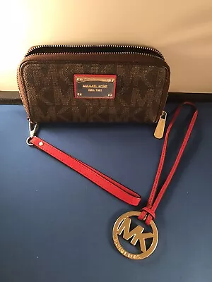 Michael Kors Signature Saffiano Leather Brown/Cherry Red Zip Wallet With MK Fob • $44.99