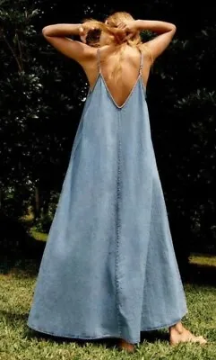 ZARA Denim Midi Dress Voluminous Minimalist Strappy Summer Long Maxi S M L TRF • £49