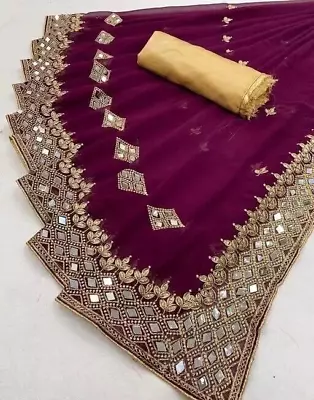 Women's Traditional Real Mirror With Zari Embroidery Georgette Saree With Blouse • $23.40