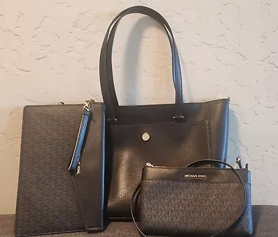 Michael Kors Maisie Large Leather 3-in-1 Tote Bag Black MK Signature • $75