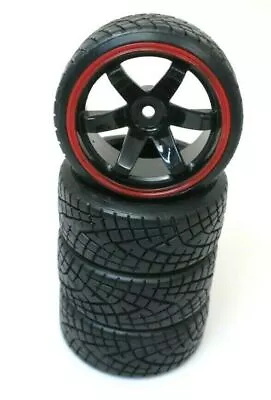 1/10 Scale On-Road 6 Spoke Black Red Lip Rims V-Tread Hard Compound Drift Wheels • $8.49