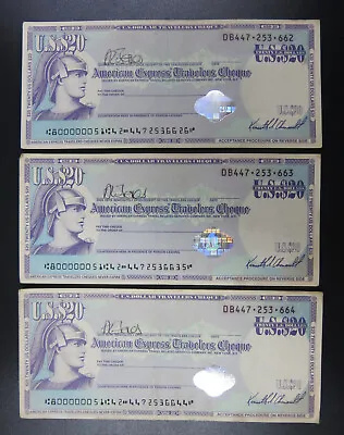 American Express Travellers Cheque $20 Lot Of 3 Consecutive Notes XF Condition • $30