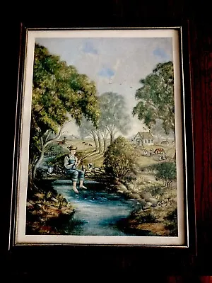 VINTAGE FRAMED PRINT BETTY POPE FISHING BOY COUNTRY SIDE SCHOOL HOUSE 12”x16” • $20.50