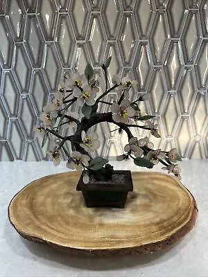 Vintage Chinese Peking Glass Stone Jade Cherry Blossom Bonsai Tree Pink Flowers • $39.99