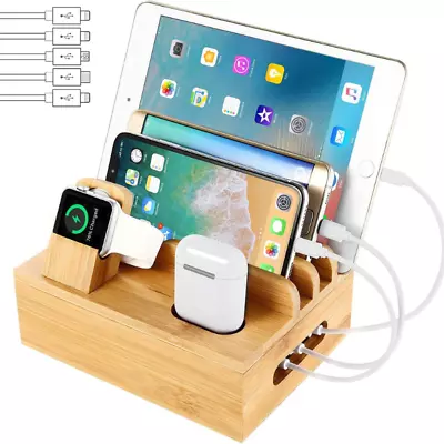 Bamboo Charging Station Dock For 4/5/6 Ports USB Charger With 5 Charging Cables • $24.99