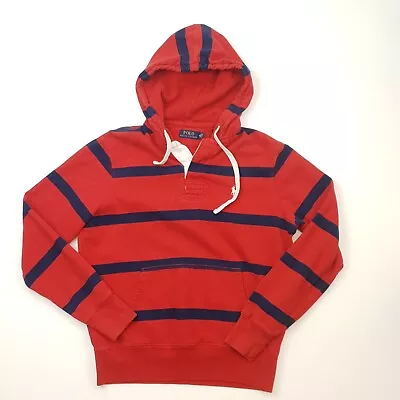 Polo Ralph Lauren Hoodie MEDIUM Men Rugby Sweatshirt Red Blue Stripe Sweatshirt • £35