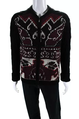 Just Cavalli Mens Thick Knit Full Zippered Sweater Black Maroon White Size L • $85.39