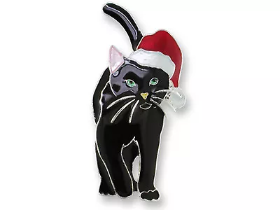 Zarah Jewelry Black HOLIDAY CAT PIN Silver Plated Enamel Christmas Feline + Box • $24.04