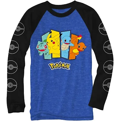 $19.95 • Buy Pokémon ☆ Boys' Classic Starter Set Long Sleeve Raglan T-Shirt ☆ Sizes XS-2XL