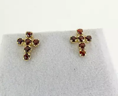 9ct Gold Garnet Earrings Cross Stud Butterfly Fitting With Gift Box NEW • £115