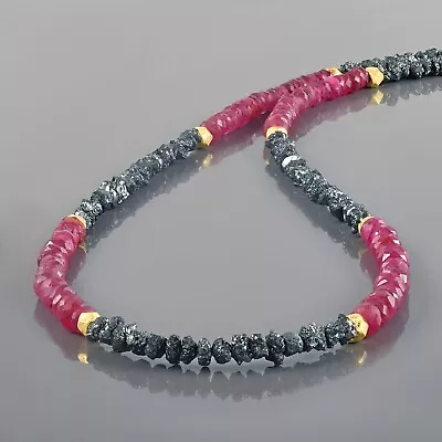 $92 • Buy Natural Rough Black Diamond & Ruby Beads Nuggets 18  Strand Chain Women Necklace