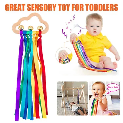 Ribbon Ring Toys Wooden Rainbow Baby Sensory Ribbon Rings Toys Baby Cloud DF • £4.64