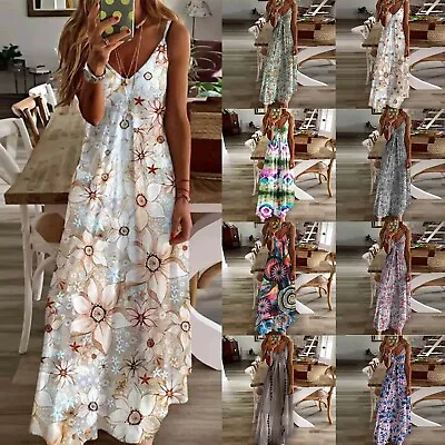 Plus Size Womens Summer Boho Long Dress Ladies Beach Print Loose Maxi Dresses AU • $46.79