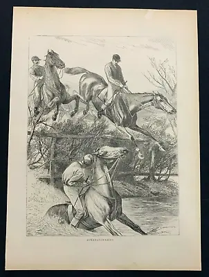 1871 Newspaper Illustration STEEPLECHASING HORSE RACING WATER JUMP EQUESTRIAN • £14.95