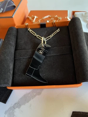 $550 • Buy Hermes Necklace Amulet Cavalier GM Boots Black Gold Fittings Buffalo Horn