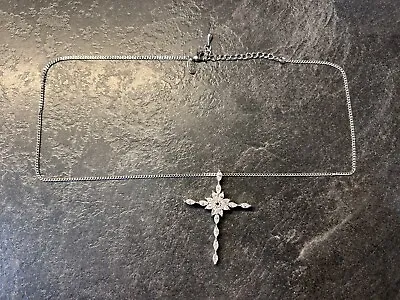 M&S Silver Tone Cross Pendant Chain Necklace Sparkly Rhinestones Statement • £2