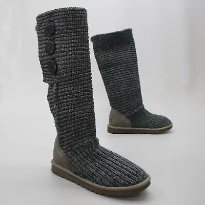 UGG Ladies 8 Classic Cardy Gray Knit Tall 3-Button Fold-down Winter Boots 5819 • $30