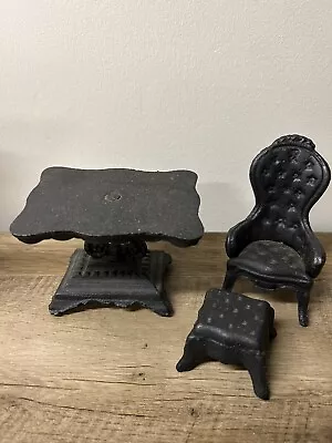 Vintage Miniature Cast Iron Table Chair & Foot Stool Dollhouse Ottoman Black • $23