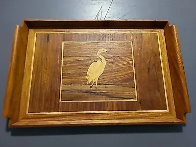 RARE Vtg 70s Wood Egret Bird Inlay Large Serving Tray Teak Mahogany Blonde Wood • $14.99