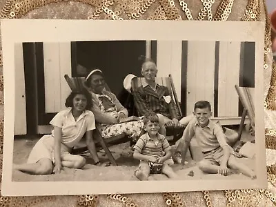 Post-war Photo Family Mother Boys Beach Hut Mickey Mouse Bucket Deck Chairs  • £4.25