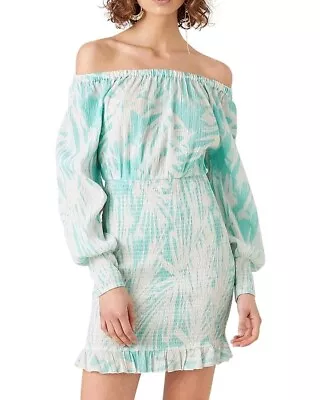 Tigerlily Sz AU 14 Pahala Aqua Off The Shoulder Shirred Summer Knee Length Dress • $29.95