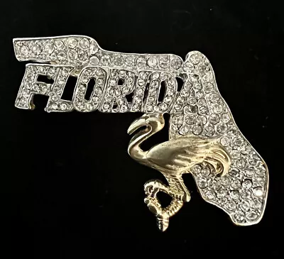Vintage Rhinestone State Of Florida W/ Gold Flamingo Brooch Fashion Pin  2.25” • $29.99