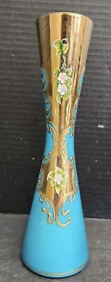 Vintage French Blue Opaline Enamel Floral Vase 10.5” Gold • $42.04