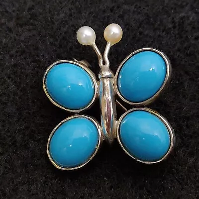 Vintage Silver Turquoise Butterfly Brooch Pin • $9.99