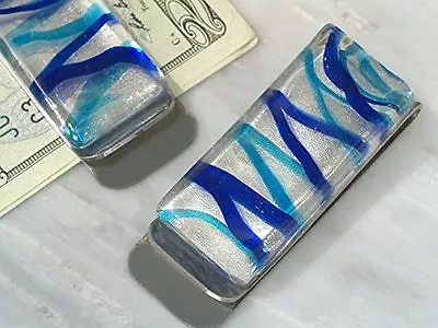 Money Clip Wedding Favors Bridal Shower Favor Blue Silver Murano Art Glass 1 • $2.24