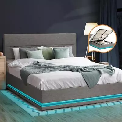 Queen Bed Frame LED Mattress Base With Gas Lift And Storage Space Grey • $394.88