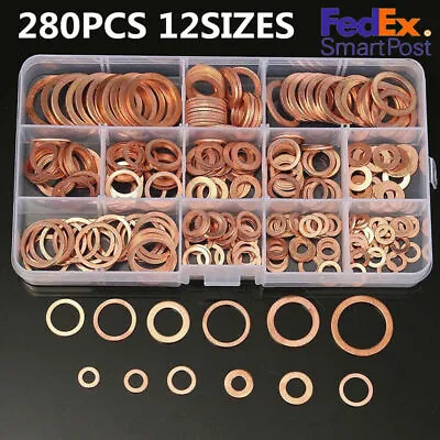 280Pcs 12 Sizes Assorted Solid Copper Crush Washers Seal Flat Ring Set US SHIP • $29.69