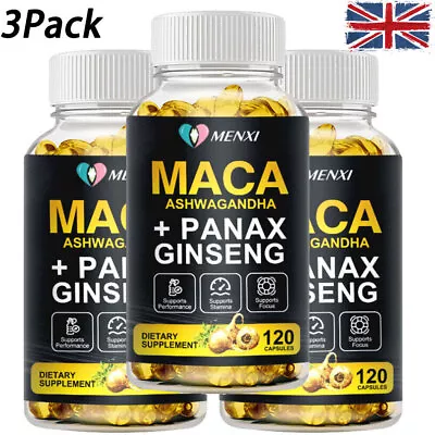 MACA ASHWAGANDHA+ PANAX GINSENG Capsules Testosterone Booster Stamina And Energy • £26.39