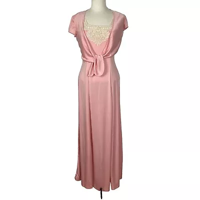 Vintage 70s This Is Yours Pink Maxi Dress Small Crochet Detail Jacket Prom • $55.99