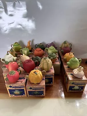 Lot Of 22 Miniature Fruit Vegetable Bisque Ceramic Teapots With BOXES! • $48