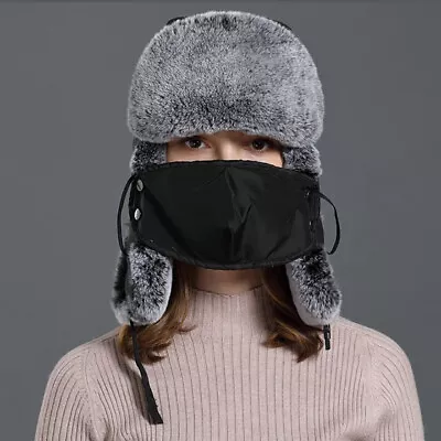 Rex Rabbit Fur And Waterproof Fabric Winter Hat With Detached Mouth Mask • £55.33