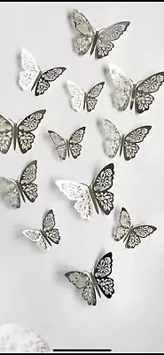 Silver 12 Pcs 3D Butterflies Wall Art Cake Dessert Decorations Home. • £2.97