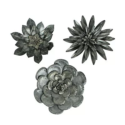 Set Of 3 Galvanized Metal Flower Wall Sculptures Home Decor 10 Inches High • $29.99