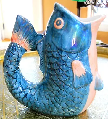 RARE MCM Henriksen Imports Earthenware Majolica Lusterware Iridescent Fish Jug • $250