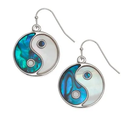 Yin Yang Hook Earrings Paua Abalone & Mother Of Pearl Shell Fashion Jewellery • £11.45