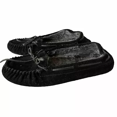 Minnetonka Black Leather Moccasin Women’s 9 Faux Fur Inside Slip On • $9.99