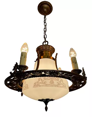 1910-20s Five Light Bronze School House Pendant Chandelier Fixture #2 • $995