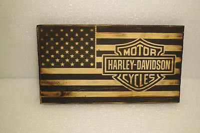 Harley Davidson American Flag Wood Rustic Primitive Farmhouse Decor USA • $24.99
