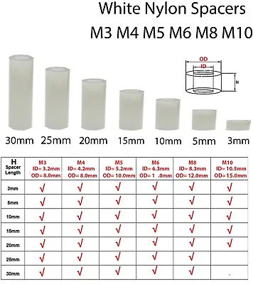 £3.25 • Buy WHITE Nylon Standoff SPACERS Plastic Standoff Washers M3 M4 M5 M6 M8 M10