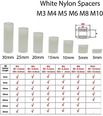 WHITE Nylon Standoff SPACERS Plastic Standoff Washers M3 M4 M5 M6 M8 M10 • £9