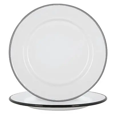 White Enamel Dinner Plates Metal Outdoor Camping Food Dishes 25.5cm Black/Grey • £15